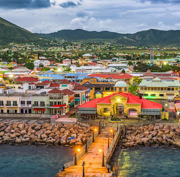 Basseterre, St. Kitts and Nevis town skyline at the port.