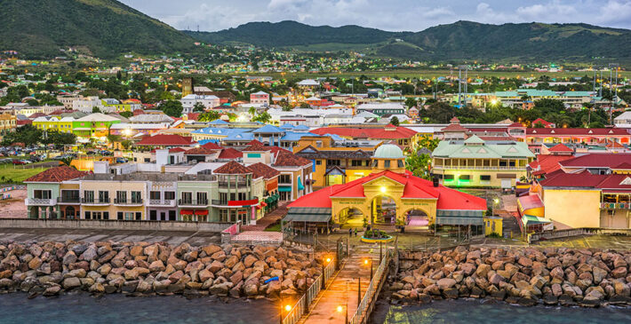 Basseterre, St. Kitts and Nevis town skyline at the port.